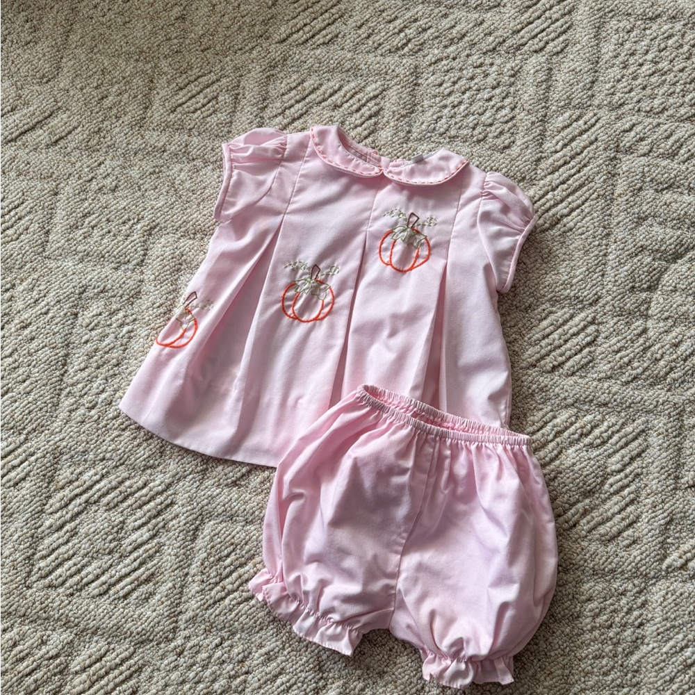 THE PROPER PEONY - Pink Pumpkin Embroidered Infant Outfit
